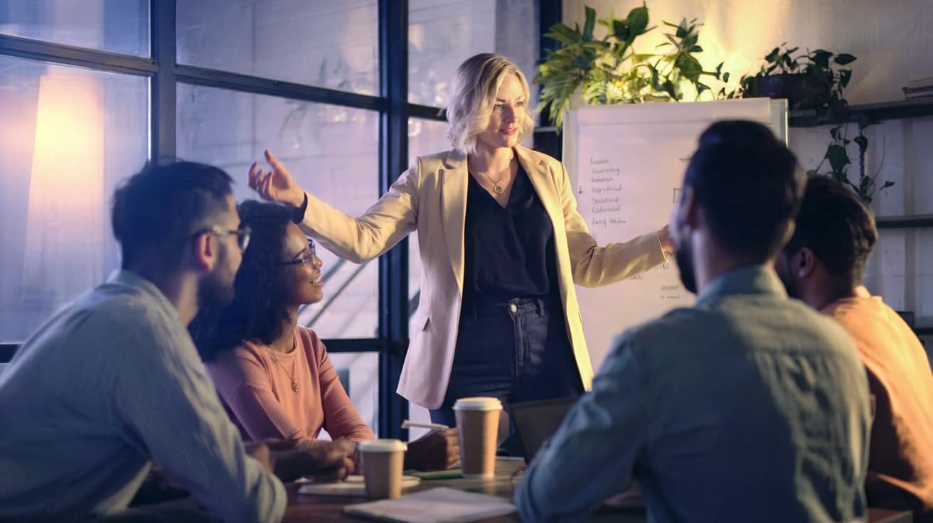 Eine Frau steht vor einem Team und spricht mit offenen Gesten. Das warme Licht fällt durch große Fenster und schafft eine Atmosphäre von Vertrauen, Inspiration und gemeinsamer Entwicklung.