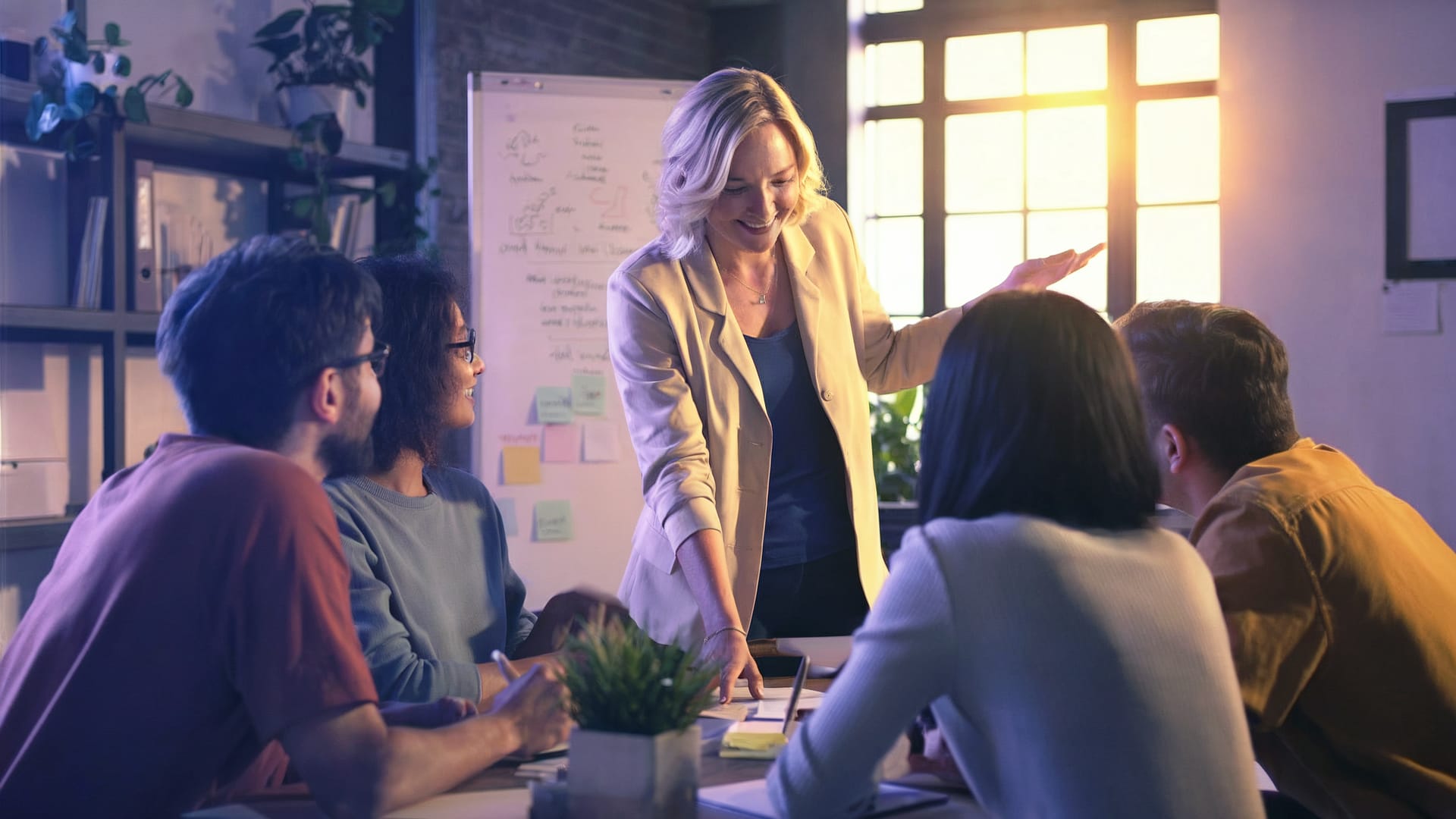 Eine Frau leitet ein Teamgespräch in einem hellen Loft. Alle blicken aufmerksam auf sie, während warmes Licht den Raum erfüllt. Das Bild zeigt Vertrauen, Offenheit und gemeinsames Gestalten von Veränderung.